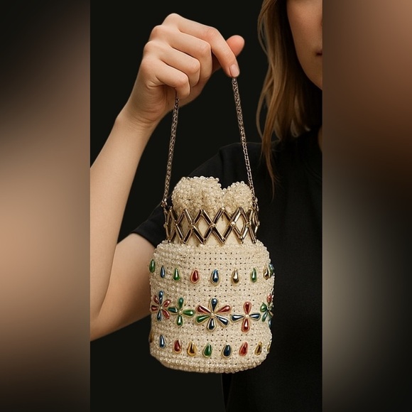 Vintage beaded & bejewelled evening bag, metal retractable closure, chain straps - Picture 3 of 13